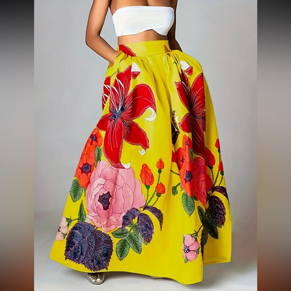 Chic Floral Maxi Skirt with Pockets - Versatile & Comfortable High-Waist Design